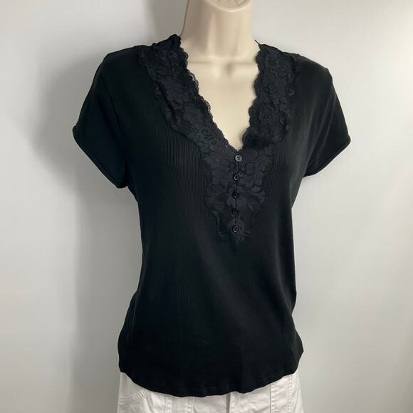 AUGUST SILK VIntage 90s Y2K  Black V-neck Lace Top Fairy Festival  whimsigoth XL - Picture 8 of 10
